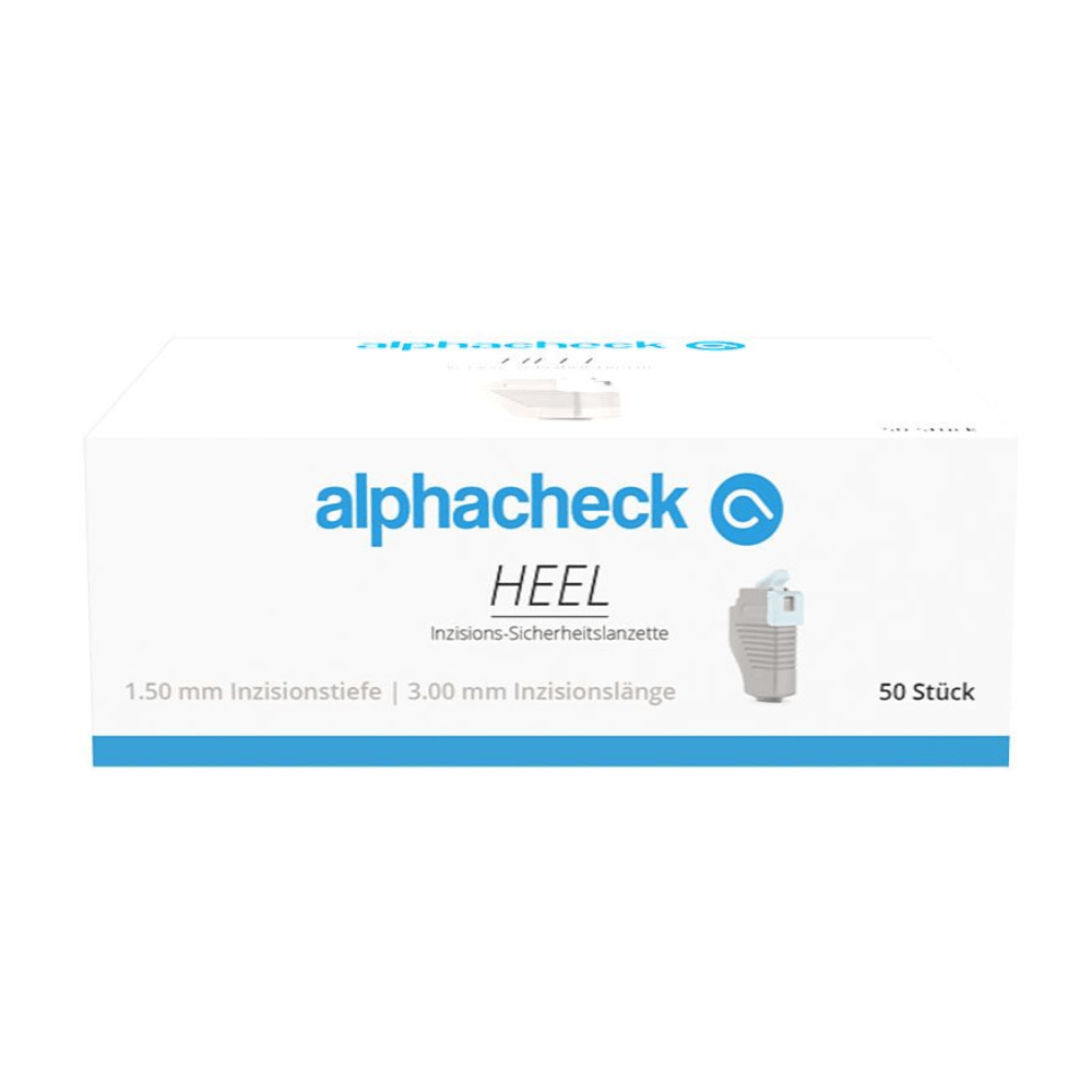 O cutie simplă albă cu inscripția „Alphacheck HEEL lancete de siguranță pentru incizie, de diferite dimensiuni” de la Berger Med GmbH, pe partea dreaptă a căreia se vede o mică imagine a unui produs medical. Textul german conține „1,50 mm adâncime incizie” și „3,00 mm lungime incizie” precum și „50 de bucăți”, indicând o cantitate de 50 de lancete de siguranță pentru recoltarea capilară a sângelui.