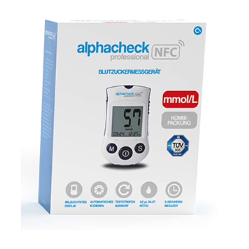 O cutie Alphacheck Professional NFC aparat de măsurare a glicemiei pachet combinat | Cutie (1 bucată) pentru gestionarea eficientă a diabetului. Numele mărcii și funcțiile aparatului sunt indicate pe cutie, inclusiv unitatea mmol/L, afișaj iluminat, codare automată, ejectare a benzilor de testare, 500 de spații de stocare și suport multilingv. Numele mărcii este Berger Med GmbH.