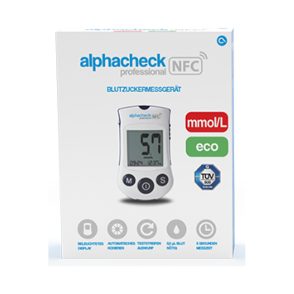 Cutie cu Alphacheck Professional NFC Aparat de măsurare a glicemiei eco | Pachet (1 bucată) de la Berger Med GmbH. Cutia prezintă o imagine a dispozitivului cu o valoare de măsurare de 5,7 mmol/L. Funcțiile evidențiate includ un afișaj cu iluminare de fundal, funcționare fără codare, capacitate NFC și un timp de măsurare de 5 secunde pentru un management eficient al diabetului.
