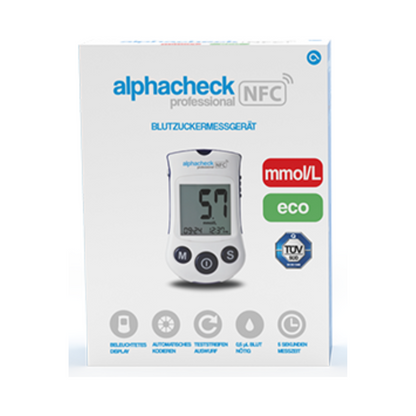Cutie cu Alphacheck Professional NFC Aparat de măsurare a glicemiei eco | Pachet (1 bucată) de la Berger Med GmbH. Cutia prezintă o imagine a dispozitivului cu o valoare de măsurare de 5,7 mmol/L. Funcțiile evidențiate includ un afișaj cu iluminare de fundal, funcționare fără codare, capacitate NFC și un timp de măsurare de 5 secunde pentru un management eficient al diabetului.