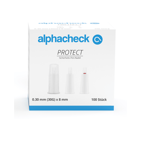 O cutie albă cu text albastru cu inscripția „Alphacheck PROTECT ace de siguranță pentru stilou, dimensiuni diferite” și „Ac de siguranță pentru stilou”. Cutia, destinată injecțiilor cu insulină, conține 100 de bucăți de ace de siguranță pentru stilou de 0,30 mm (30G) x 8 mm. Pe partea din față a cutiei sunt ilustrate trei ace de siguranță pentru stilou în diferite stadii de montare. Marca: Berger Med GmbH