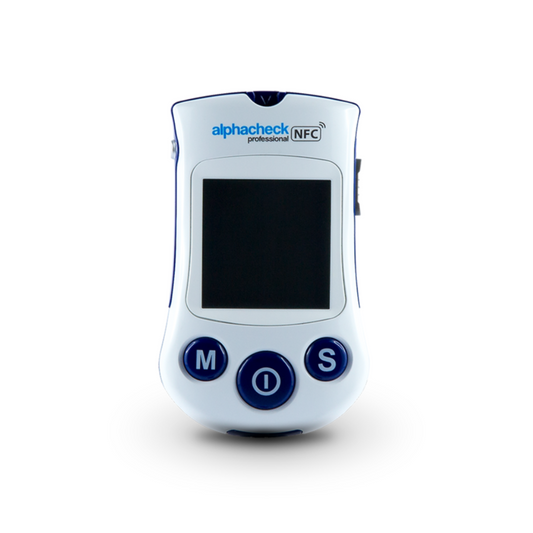 Ein weißes medizinisches Handgerät mit der Aufschrift „Alphacheck Professional NFC Blutzuckermessgerät mg/dl eco | Packung (1 Stück)“ von Berger Med GmbH. Es hat oben einen digitalen Bildschirm und unten drei blaue runde Tasten mit den Aufschriften „M“, „S“ und „O“, ideal für ein präzises Diabetesmanagement.
