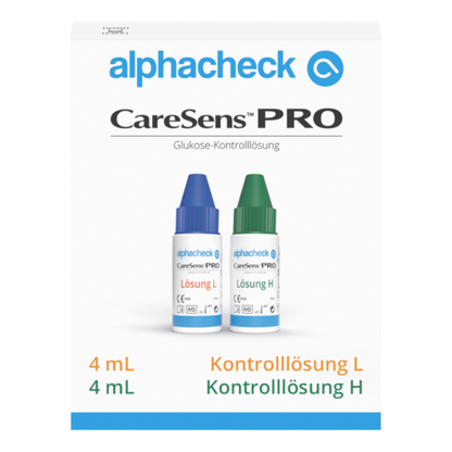 Imaginea arată o cutie albă cu inscripția „Berger Med GmbH Alphacheck CareSens PRO Soluție de Control L+H | Pachet (2 sticluțe)“, ideală pentru măsurători de exercițiu cu glucometre. Conține două sticluțe mici, una cu capac albastru cu inscripția „Soluție L“ și una cu capac verde cu inscripția „Soluție H“, fiecare având o capacitate de 4 ml.