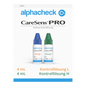 Imaginea arată o cutie albă cu inscripția „Berger Med GmbH Alphacheck CareSens PRO Soluție de Control L+H | Pachet (2 sticluțe)“, ideală pentru măsurători de exercițiu cu glucometre. Conține două sticluțe mici, una cu capac albastru cu inscripția „Soluție L“ și una cu capac verde cu inscripția „Soluție H“, fiecare având o capacitate de 4 ml.