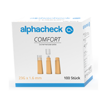 O cutie albă cu inscripția „Alphacheck comfort Sicherheitslanzetten“ de la Berger Med GmbH, care conține 100 de lancete cu dimensiunile 23G x 1,6 mm. Cutia arată imagini ale celor trei lancete în diferite stări: cu capac, parțial fără capac și complet fără capac. Textul german de pe ambalaj evidențiază caracteristici importante precum „recoltarea de sânge cu durere redusă“ pentru o prelevare de sânge sigură și fără durere.