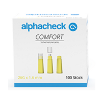 O cutie albă cu inscripția „Alphacheck comfort Sicherheitslanzetten“ de la Berger Med GmbH conține 100 de bucăți de lancete de siguranță 26G x 1,6 mm. Pe partea din față a cutiei sunt ilustrate lancete galbene, prezentate în trei stadii diferite – cu capac pus, parțial îndepărtat și complet îndepărtat, asigurând o prelevare de sânge blândă prin înțepare de mare viteză (recoltarea de sânge cu durere redusă prin înțepare de mare viteză).