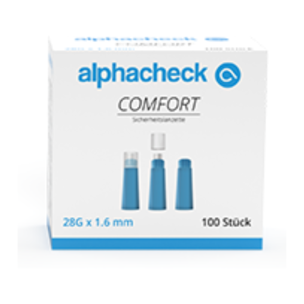 Într-o cutie cu inscripția „Alphacheck comfort Sicherheitslanzetten“ de la Berger Med GmbH sunt incluse trei dispozitive de lancetă albastre pentru prelevarea de sânge fără durere. Pe partea din față este indicat că lancetele au dimensiunea de 28G x 1,6 mm și sunt livrate într-un pachet de 100 de bucăți.