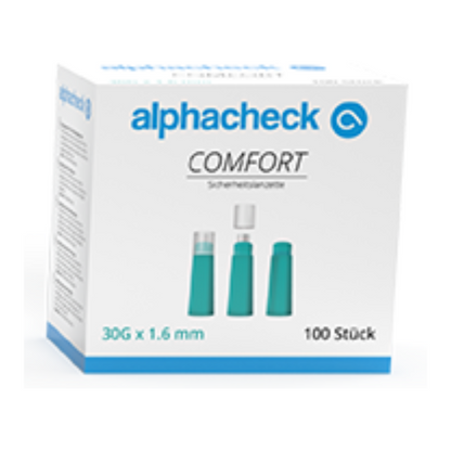 Imaginea arată o cutie de lancete de siguranță Alphacheck comfort, de diferite dimensiuni, de la Berger Med GmbH. Cutia albă cu accente albastre și turcoaz arată trei tipuri de lancete, cu „30G x 1,6 mm“ pentru recoltarea de sânge cu durere redusă și „100 de bucăți“, ceea ce indică grosimea, lungimea și numărul de lancete.