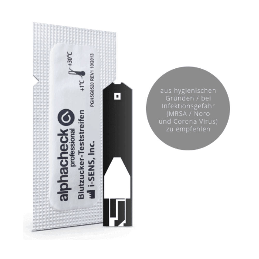 Un test de glicemie cu inscripția „Alphacheck professional Blutzuckerteststreifen, blisterat | Pachet (50 bucăți)” de la Berger Med GmbH este expus. Testul de glicemie se află parțial într-un ambalaj protector alb cu inscripții în germană, care recomandă utilizarea sa din motive de igienă și pentru reducerea riscului de infecție (MRSA, Noro și Coronavirus).