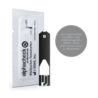 Un test de glicemie cu inscripția „Alphacheck professional Blutzuckerteststreifen, blisterat | Pachet (50 bucăți)” de la Berger Med GmbH este expus. Testul de glicemie se află parțial într-un ambalaj protector alb cu inscripții în germană, care recomandă utilizarea sa din motive de igienă și pentru reducerea riscului de infecție (MRSA, Noro și Coronavirus).