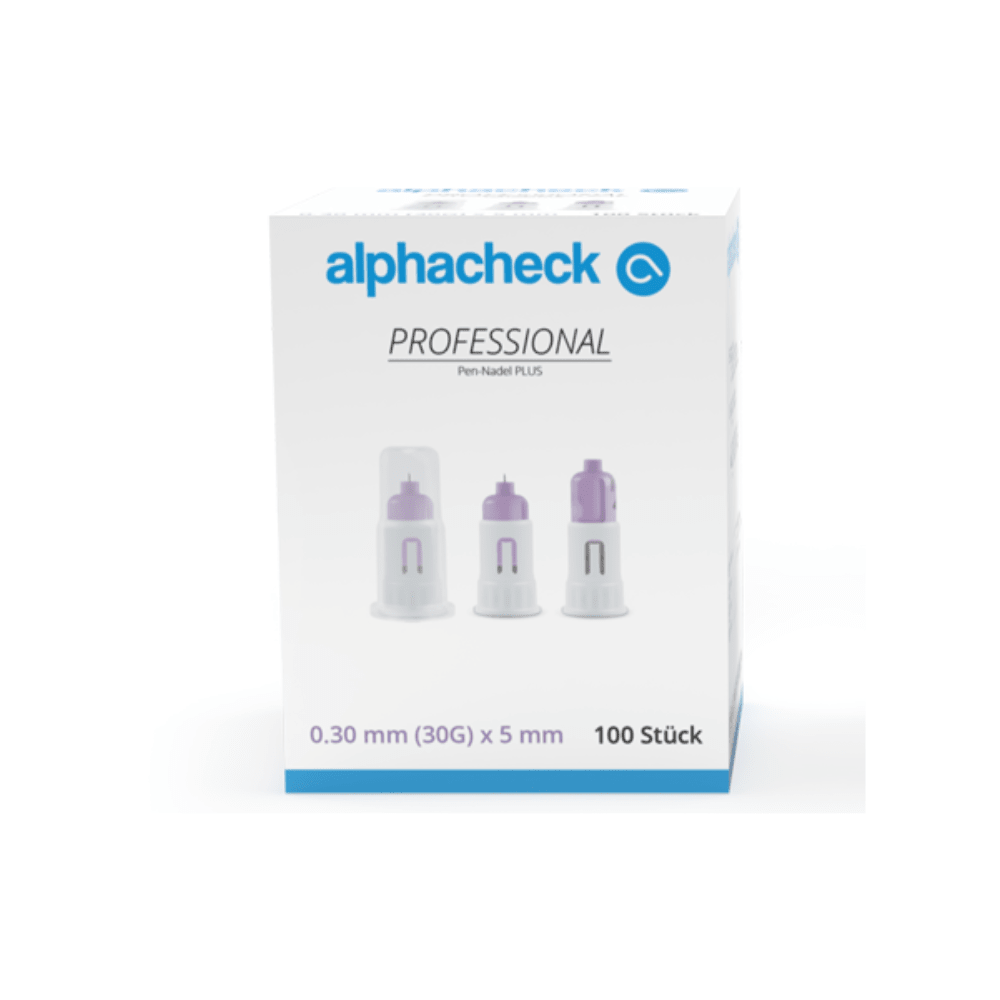 O cutie de ace Alphacheck Professional Pen PLUS, de diferite dimensiuni, pentru injecții cu insulină. Pe cutie este reprezentată o imagine a acelor sterile și este indicată dimensiunea: 0,30 mm (30G) x 5 mm. Conține 100 de bucăți, produse de Berger Med GmbH.