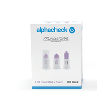O cutie de ace Alphacheck Professional Pen PLUS, de diferite dimensiuni, pentru injecții cu insulină. Pe cutie este reprezentată o imagine a acelor sterile și este indicată dimensiunea: 0,30 mm (30G) x 5 mm. Conține 100 de bucăți, produse de Berger Med GmbH.