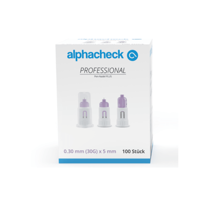 O cutie de ace Alphacheck Professional Pen PLUS, de diferite dimensiuni, pentru injecții cu insulină. Pe cutie este reprezentată o imagine a acelor sterile și este indicată dimensiunea: 0,30 mm (30G) x 5 mm. Conține 100 de bucăți, produse de Berger Med GmbH.