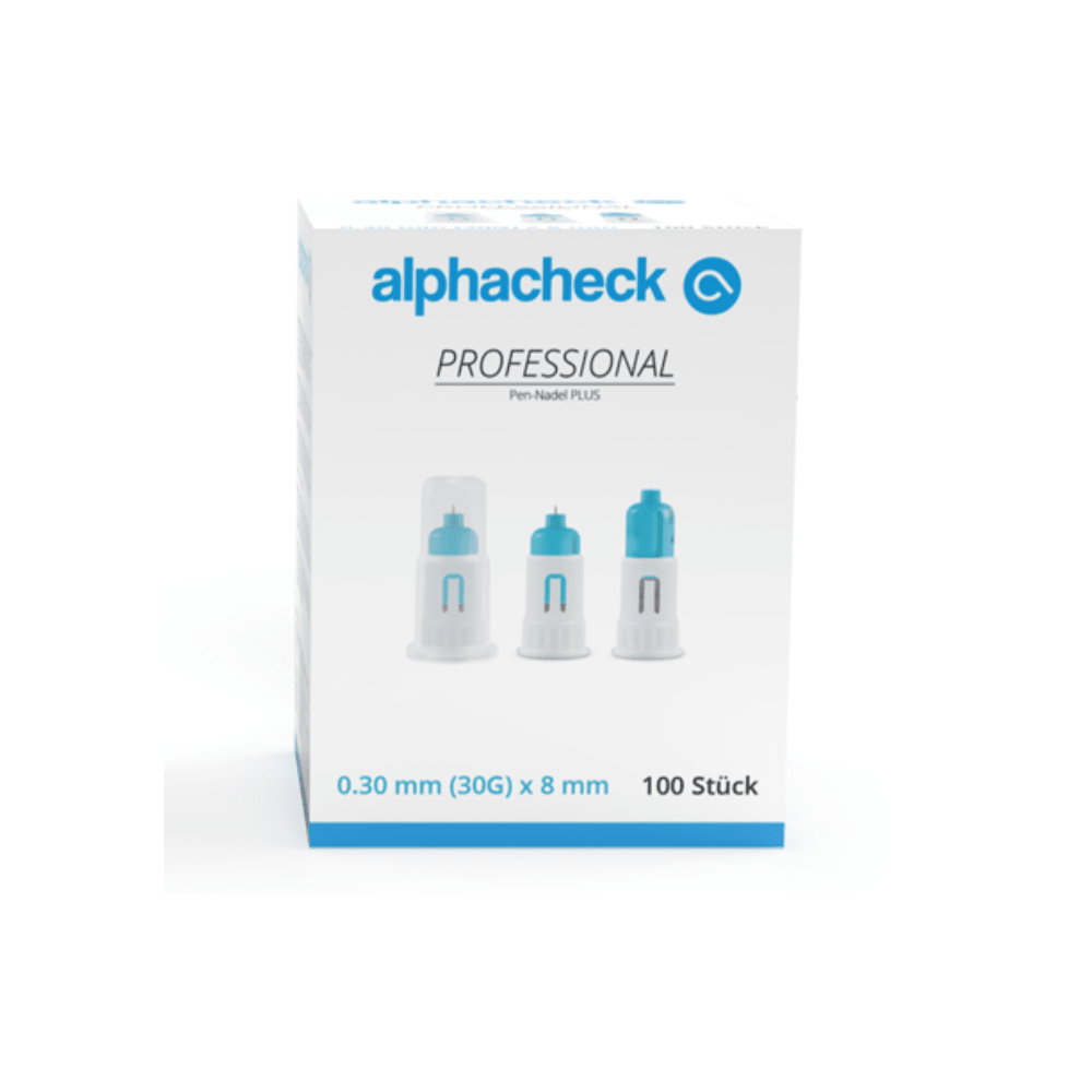 O cutie de ace pentru stilou Alphacheck Professional PLUS, de diferite dimensiuni. Cutia albă cu accente albastre conține 100 de ace sterile, de 0,30 mm (30G) x 8 mm, destinate injecțiilor cu insulină. Pe partea din față sunt reprezentate trei ace pentru stilou, însoțite de text în albastru și negru, cu mențiunea „Berger Med GmbH”.