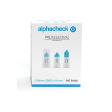 O cutie de ace pentru stilou Alphacheck Professional PLUS, de diferite dimensiuni. Cutia albă cu accente albastre conține 100 de ace sterile, de 0,30 mm (30G) x 8 mm, destinate injecțiilor cu insulină. Pe partea din față sunt reprezentate trei ace pentru stilou, însoțite de text în albastru și negru, cu mențiunea „Berger Med GmbH”.
