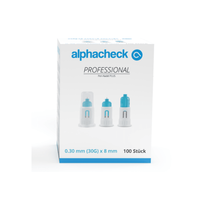 O cutie de ace pentru stilou Alphacheck Professional PLUS, de diferite dimensiuni. Cutia albă cu accente albastre conține 100 de ace sterile, de 0,30 mm (30G) x 8 mm, destinate injecțiilor cu insulină. Pe partea din față sunt reprezentate trei ace pentru stilou, însoțite de text în albastru și negru, cu mențiunea „Berger Med GmbH”.