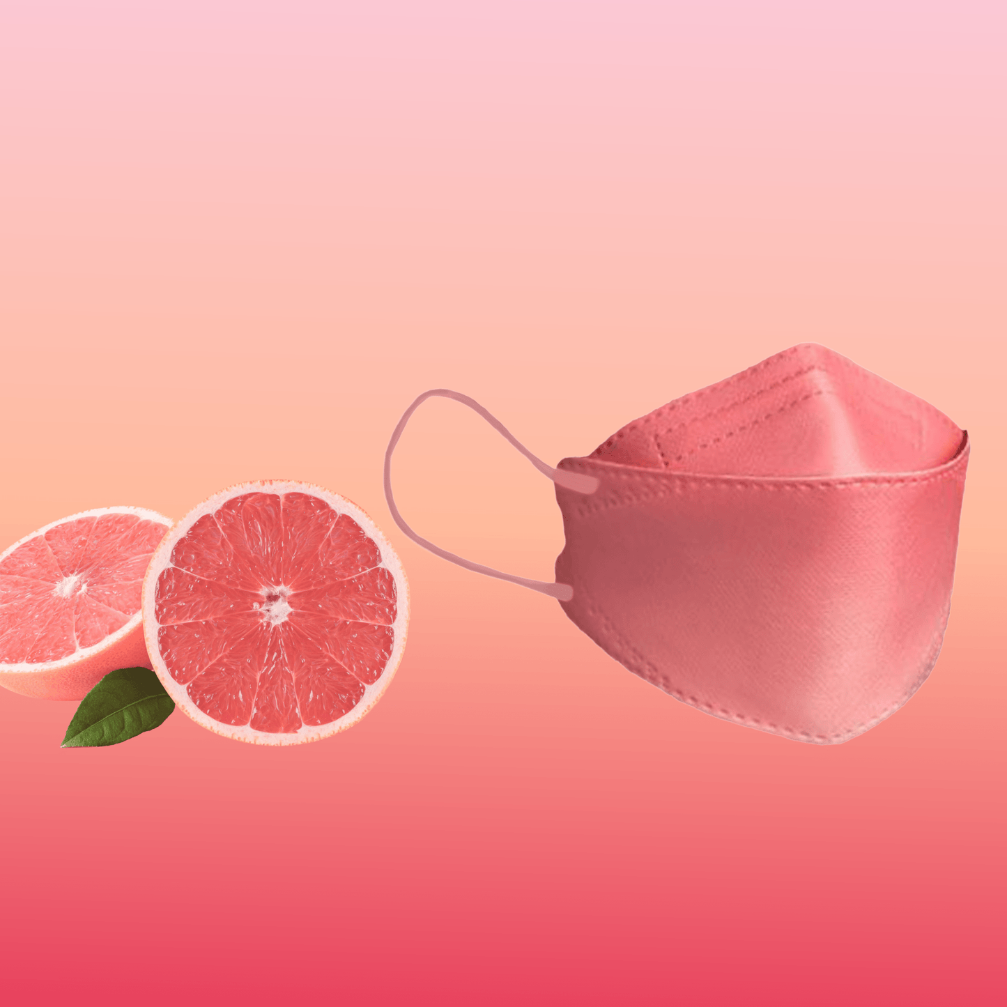 O mască de față Altruan cu filtru de particule (standard FFP2) este elegant poziționată lângă două jumătăți de grapefruit pe un fundal roz cu gradient de culoare, evidențiind designul său stilat și potrivirea ergonomică.