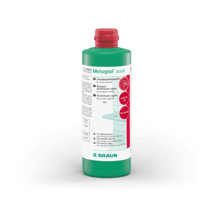 O sticlă de B. Braun Meliseptol® acute dezinfectant de suprafață cu capac roșu și etichetă verde. Logo-ul B. Braun Deutschland GmbH & Co. KG este clar vizibil în partea de jos. Pe etichetă sunt vizibile texte și simboluri care indică proprietățile dezinfectante și eficacitatea rapidă pe suprafețele rezistente la alcool pentru un efect virucid cuprinzător.