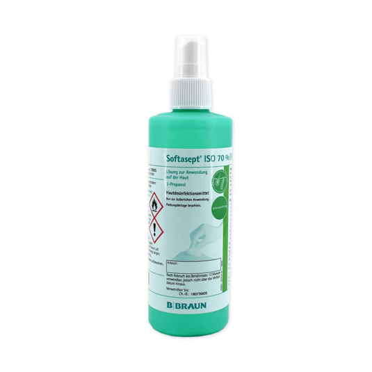 O sticlă verde cu inscripția „B. Braun „Softasept ISO 70% Dezinfectant pentru piele”, prevăzut cu un pulverizator și destinat dezinfectării pielii, conține un dezinfectant pe bază de alcool, eficient împotriva bacteriilor. Eticheta conține diverse simboluri și instrucțiuni de siguranță, iar în partea de jos se află numele mărcii „B. Braun „Deutschland GmbH & Co. KG” este menționată.