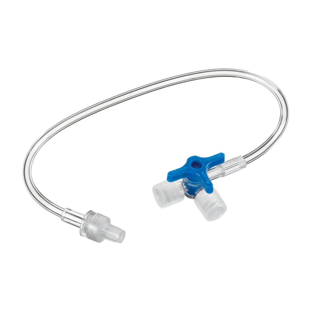 Robinetul cu trei căi B.Braun Discofix®-3 cu conductă de legătură albastră de la B. Braun Deutschland GmbH & Co. KG include un robinet cu trei căi cu un mâner de supapă albastru distinctiv, care este conectat la un furtun transparent flexibil. Acest furtun are conectori la ambele capete și este astfel o componentă indispensabilă a gestionării lichidelor și a terapiei de perfuzie în mediul medical.