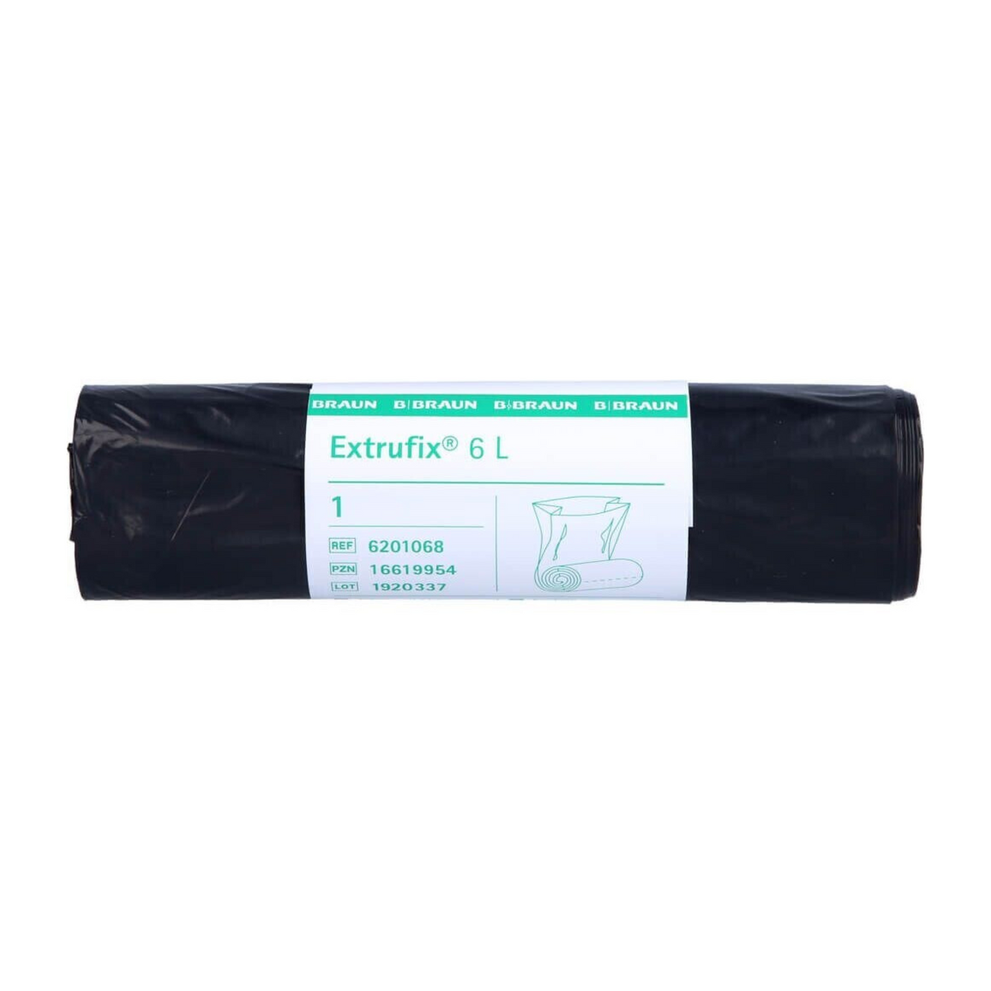 Un sac negru rulat cu inscripția „B. Braun Extrufix® Saci de gunoi din LDPE, 6 litri” și detalii despre produs, cum ar fi numere de referință și cantități, ideal pentru utilizare ca saci de gunoi LDPE.