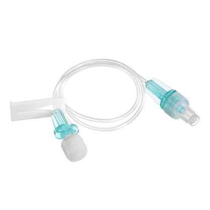 Imaginea arată B. Braun Linia de extensie cu volum mic pentru perfuzii, un set de extensie IV medical transparent de 30 cm lungime de la B. Braun Deutschland GmbH & Co. KG, cu un clip alb în formă de L și un conector Luer-Lock albastru. A fost dezvoltat cu gândul la siguranță, are mecanisme de blocare la fiecare capăt și este lipsit de latex și DEHP, pentru a respecta standardele pentru liniile de extensie cu volum mic.