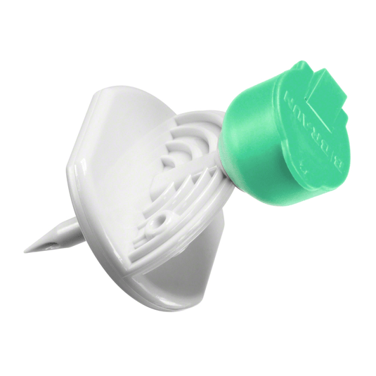 O pioneză B.Braun Mini-Spike® de la B. Braun Deutschland GmbH & Co. KG, cu un design din plastic verde-alb, cu partea superioară plată și rotundă și capătul ascuțit; partea inferioară este realizată astfel încât să împiedice pătrunderea adâncă în suprafețe.