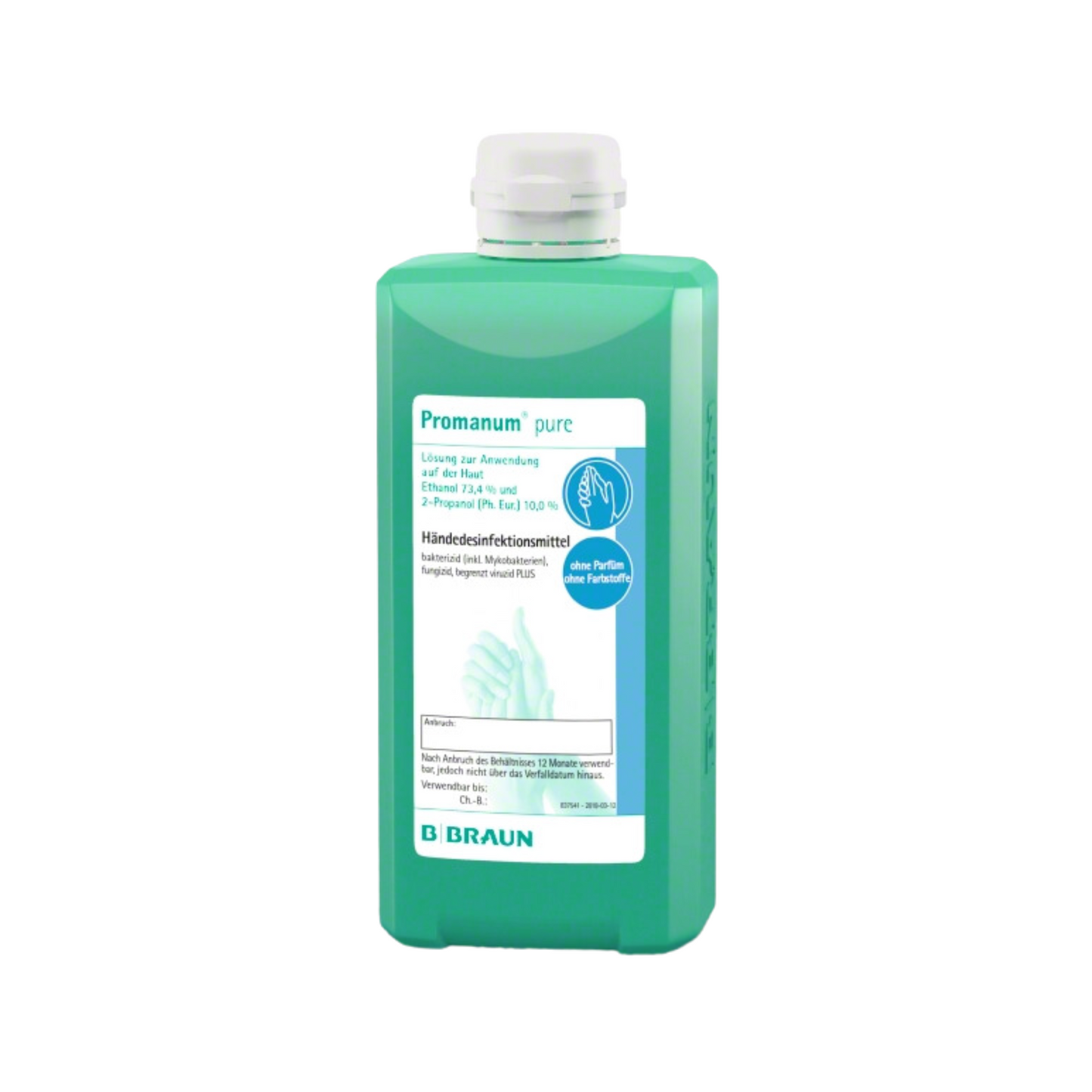 Sticla verde de 500 ml de dezinfectant pentru mâini Promanum® pure a B. Braun Deutschland GmbH & Co. KG este un dezinfectant pentru mâini pe bază de alcool, prietenos cu pielea, cu o etichetă cu detalii despre produs și o imagine a mâinilor, precum și un capac alb.