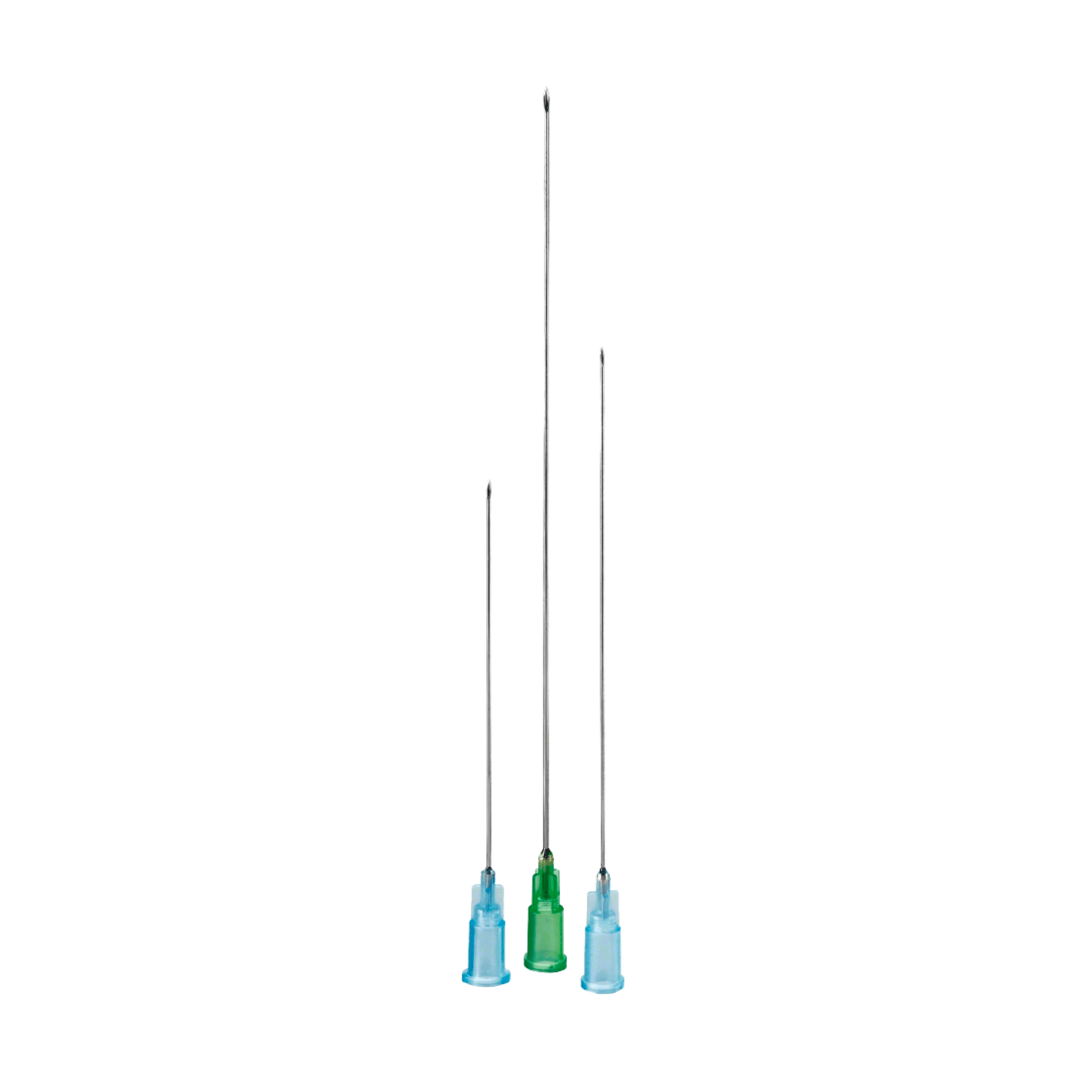 Trei B. Braun Sterican® pentru injecții în terapia neurală, fiecare cu un vârf colorat unic în albastru, verde și verde deschis, stau vertical pe un fundal impecabil alb. Aceste ace produse de B. Braun Deutschland GmbH & Co. KG sunt ideale pentru procedurile de unică folosință cum ar fi terapia neurală.