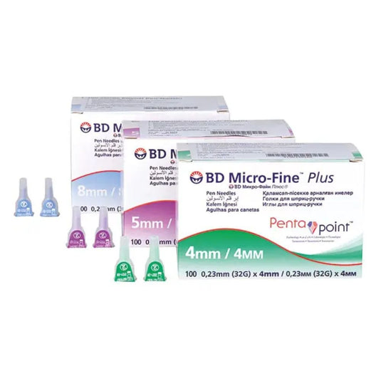 Sunt disponibile trei cutii de ace pentru stilouri BD Micro-Fine Plus cu tehnologie Pentapoint, în dimensiunile de 4 mm, 5 mm și 8 mm. Fiecare cutie conține 100 de ace cu tehnologie Pentapoint, pentru un confort ridicat. Ambalajul cu cod de culori se potrivește perfect cu diverse stilouri de insulină. Marcă: BD, Becton Dickinson GmbH.