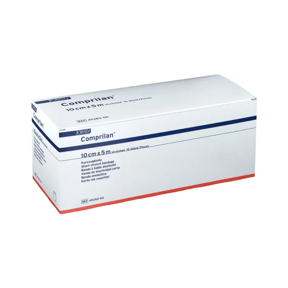 O cutie dreptunghiulară alb-albastră cu inscripția „BSN Comprilan®” de la BSN Medical GmbH conține un bandaj textil-elastic cu extensie scurtă, având dimensiunile de 10 cm x 5 m. Ideal pentru indicații flebologice, cutia conține detalii despre produs și este sigilată în siguranță.