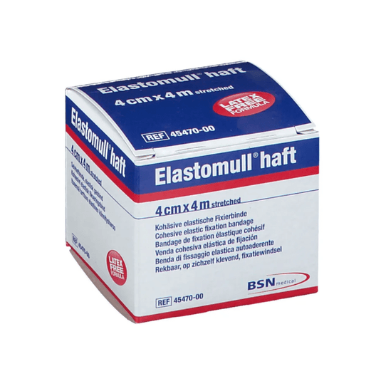 O cutie de BSN Elastomull® Haft, un bandaj elastic de fixare cu polimer fără latex. Ambalajul este alb, cu text albastru și roșu; dimensiunea este indicată ca fiind de 4 cm x 4 m (în stare întinsă); etichetă de la BSN Medical GmbH.