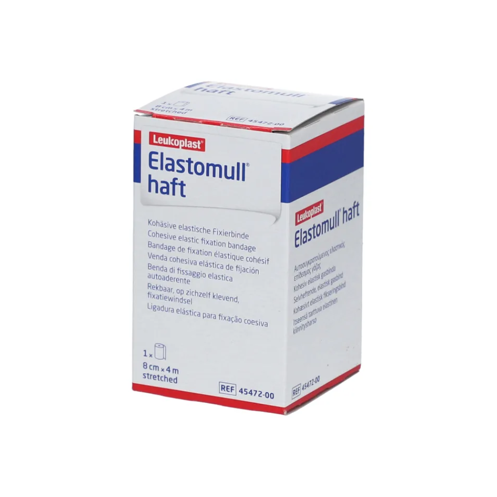 Este expusă o cutie de BSN Elastomull® haft, un bandaj elastic de fixare de la BSN Medical GmbH din polimer fără latex. Ambalajul predominant alb este decorat cu accente roșii și albastre și conține text în mai multe limbi.