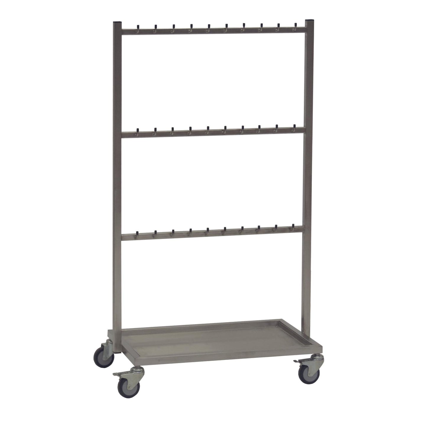 Caruciorul Novocal din oțel inoxidabil oferă 3 traverse cu câte 10 cârlige, patru roți și o tavă de bază din oțel inoxidabil - ideal pentru organizare în unități spitalicești sau ca cărucior medical.