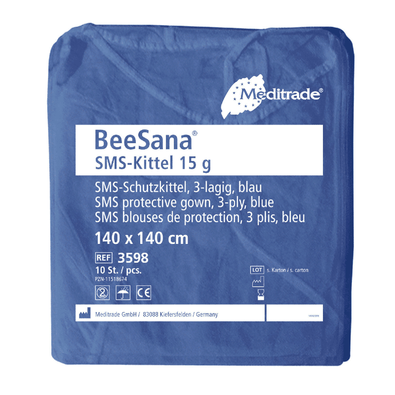 Un pachet cu 100 de halate Meditrade BeeSana® SMS 15g (produs întrerupt) de la Meditrade GmbH, pentru utilizare unică. Informații despre articol în germană, engleză și franceză.