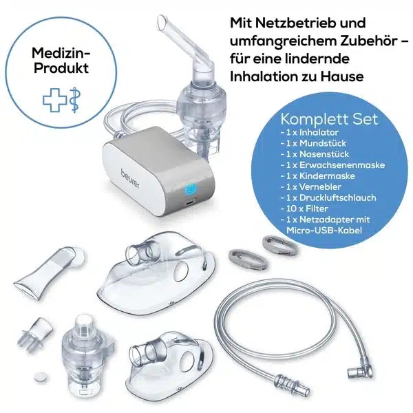 Articolul de ieșire: Beurer inhalator mic IH 58 de la Beurer GmbH este un set compact de inhalare medicală cu măști, furtunuri și conectori - ideal pentru terapia de acasă care ameliorează astmul și alte boli respiratorii.