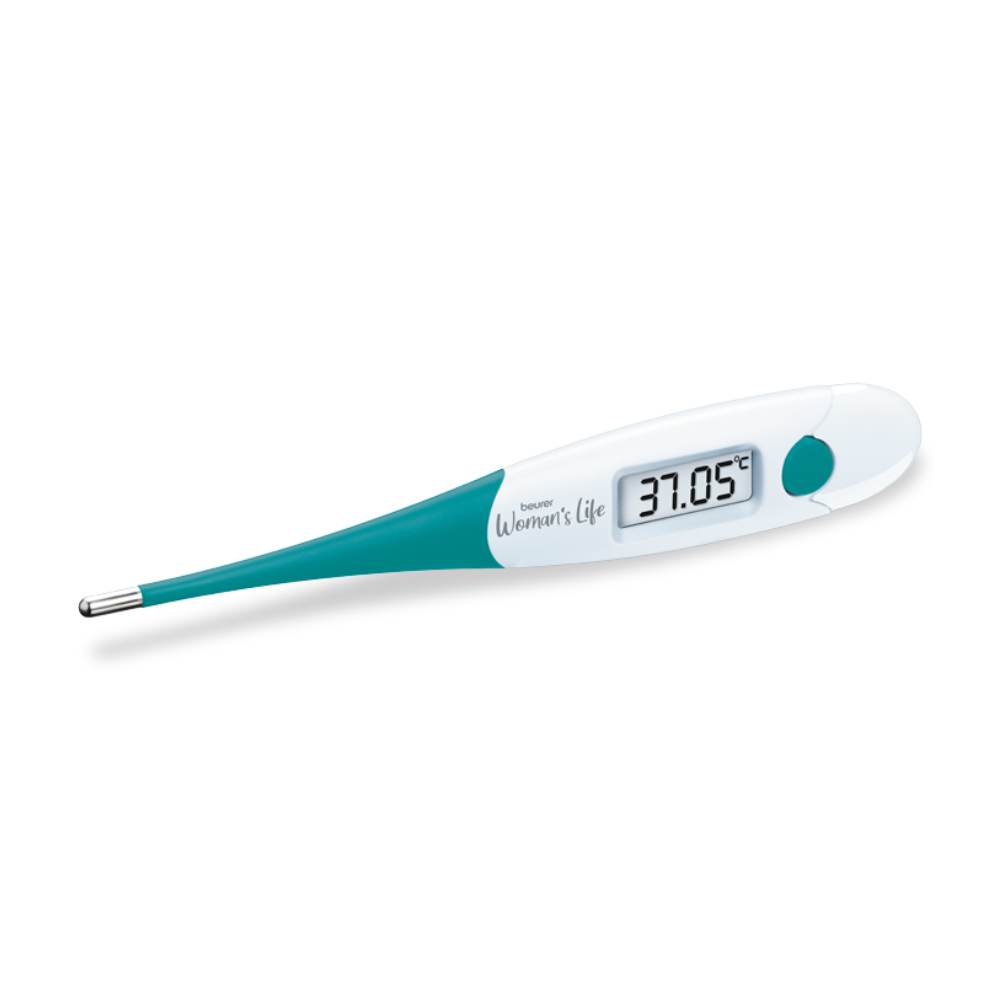 Termometrul bazal OT 20 de la Beurer GmbH, cu carcasa sa alb-verde, afișează pe micul său ecran digital o valoare de 37,05 grade Celsius. A fost dezvoltat pentru controlul ciclului și urmărirea sarcinii și dispune de un vârf flexibil și un singur buton lângă ecran. Numele de marcă „Beurer Women’s Life” este imprimat pe dispozitiv.