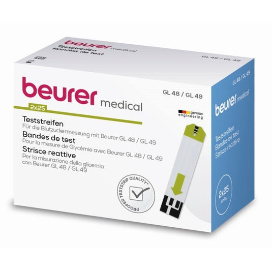 O cutie Beurer Benzi de testare pentru GL 48/49 – 50 de bucăți de la Beurer S.R.L. Pe etichetă este menționat că ambalajul conține 2 x 25 de benzi de testare. Pe ambalaj este prezentat în principal Beurer-Branding, câteva informații în mai multe limbi și imaginea unei benzi de testare pentru un dispozitiv medical.