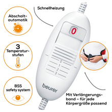 Bild eines weißen Beurer HK 55 Heizkissen Easyfix-Controllers von Beurer GmbH. Es verfügt über 3 Temperatureinstellungen, eine automatische Abschaltfunktion und ein BSS-Sicherheitssystem. Der deutsche Text weist darauf hin, dass es über eine Schnellheizung für schnelles Aufheizen und einen Verlängerungsgurt verfügt, der für Bauch, Rücken, Gelenke oder jede andere Körpergröße geeignet ist.