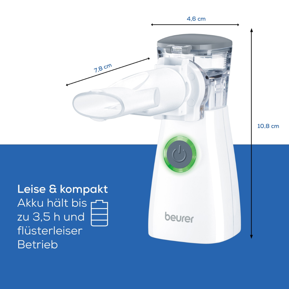 Inhalatorul Beurer IH 57 cu tehnologie cu membrană oscilantă de la Beurer GmbH, disponibil în alb cu dimensiuni de 4,6 cm lățime, 7,8 cm adâncime și 10,8 cm înălțime, are tehnologia inovatoare cu membrană oscilantă. Are un buton de pornire și un indicator luminos verde. Textul german subliniază că este silențios și compact și are o durată de funcționare a bateriei de până la 3,5 ore.