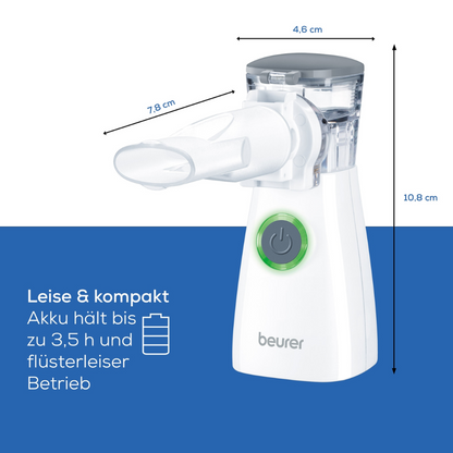 Inhalatorul Beurer IH 57 cu tehnologie cu membrană oscilantă de la Beurer GmbH, disponibil în alb cu dimensiuni de 4,6 cm lățime, 7,8 cm adâncime și 10,8 cm înălțime, are tehnologia inovatoare cu membrană oscilantă. Are un buton de pornire și un indicator luminos verde. Textul german subliniază că este silențios și compact și are o durată de funcționare a bateriei de până la 3,5 ore.