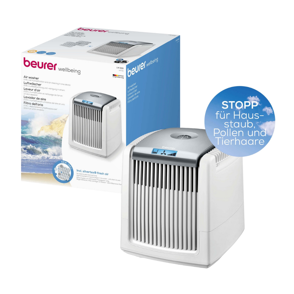 Imaginea unui Beurer purificator de aer LW 230 Alb de la Beurer GmbH și a ambalajului său (pachet, 1 bucată). Dispozitivul este alb, cu o placă frontală ventilată și un afișaj în partea de sus. Ambalajul subliniază funcțiile sale, inclusiv purificarea aerului, în timp ce o etichetă rotundă albastră indică faptul că oprește praful de casă, polenul și părul animalelor.