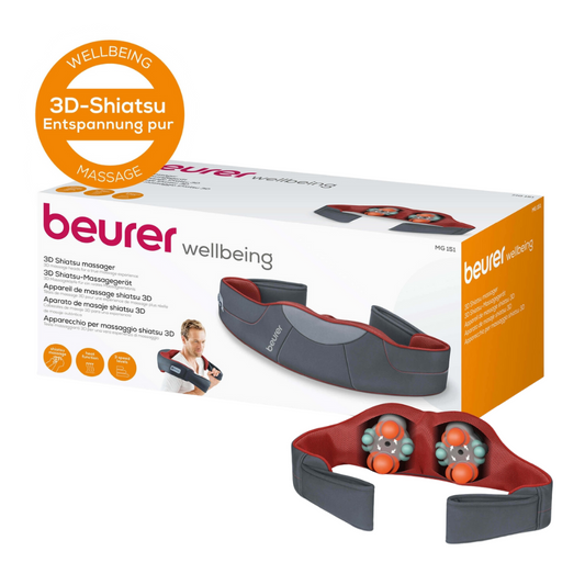 Bild eines Beurer MG 151 3D Shiatsu-Massagegeräts von Beurer GmbH. Das Produkt wird sowohl in der Verpackung als auch ohne Verpackung gezeigt. Die Verpackung ist weiß und orange und hebt die wichtigsten Funktionen hervor, während das Massagegerät mit seinem schwarz-roten Design und den 3D-Massageköpfen für eine optimale Entspannungsmassage auf der Vorderseite zu sehen ist.
