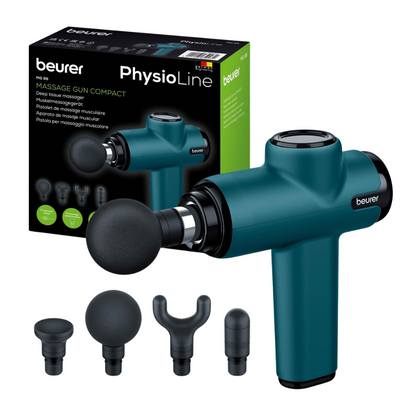 Imaginea unui Beurer MG 99 pistol de masaj compact cu patru capete interschimbabile în față. Pistolul de masaj albastru al Beurer GmbH, echipat cu o baterie puternică de litiu-ion, este prezentat proeminent lângă cutia de ambalare, care conține o imagine a pistolului și a capetelor, precum și detalii despre produs în mai multe limbi.