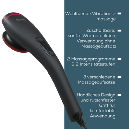 Beurer aparat de masaj MG 24 | Pachet (1 bucată) de la Beurer GmbH cu text german care descrie funcțiile sale. Dispozitivul se remarcă printr-un design elegant negru cu un mâner curbat și butoane de pornire. Descrierile evidențiază masajul prin vibrații, funcția de încălzire reglabilă, două programe, două niveluri de intensitate și trei capete de masaj.