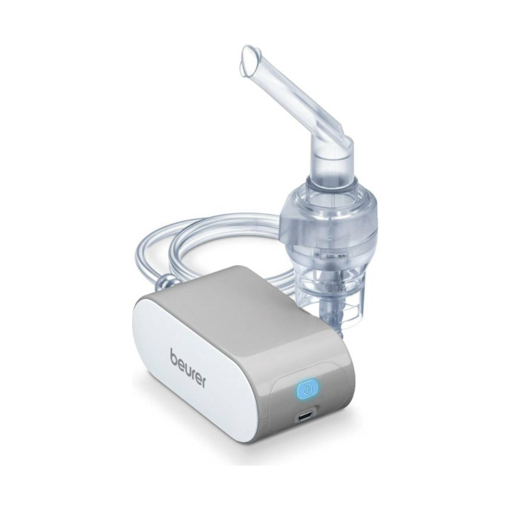 Articolul de ieșire: Beurer inhalator mic IH 58 de la Beurer GmbH este un nebulizator portabil cu mască transparentă, furtun, bază compactă alb-gri și stație de încărcare USB - perfect pentru gestionarea astmului sau a bolilor respiratorii.