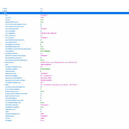 Textbasiertes Foto eines Informationstafellayouts, das eine Konfiguration für eine Webseite mit Altruan ArtikelMeister Feed zeigt: Weclapp Artikel JSON / CSV Feed. Es enthält mehrere Felder wie „id“, „type“ und