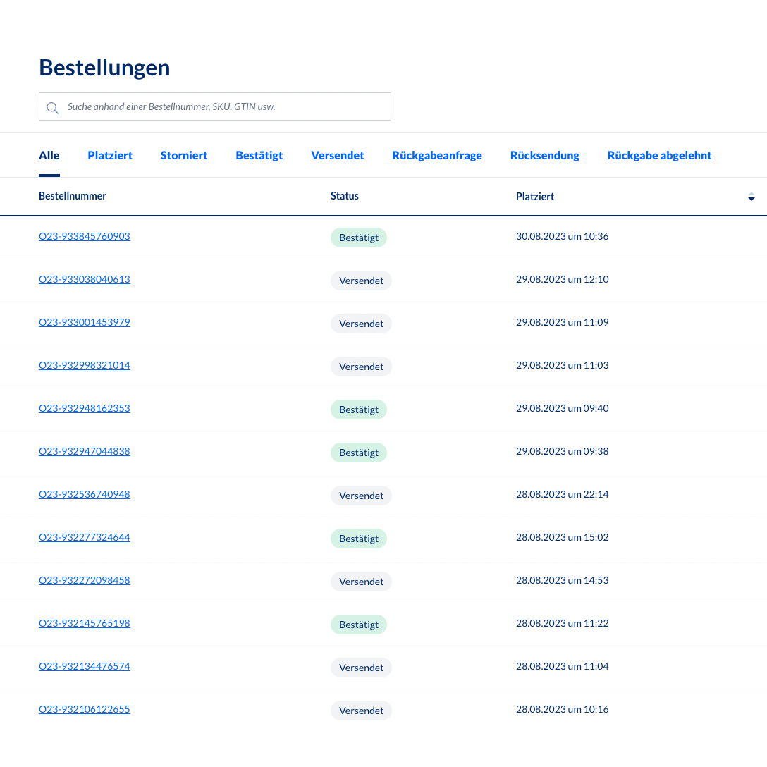 O captură de ecran a sistemului de gestionare a comenzilor din backend Altruan MetroSync: Metro Market către procesarea comenzilor Weclapp, care afișează un tabel cu numerele comenzilor și actualizările de stare. Fiecare rând conține numărul comenzii, starea, SKU, data și ora creării. Cele mai multe stări arată