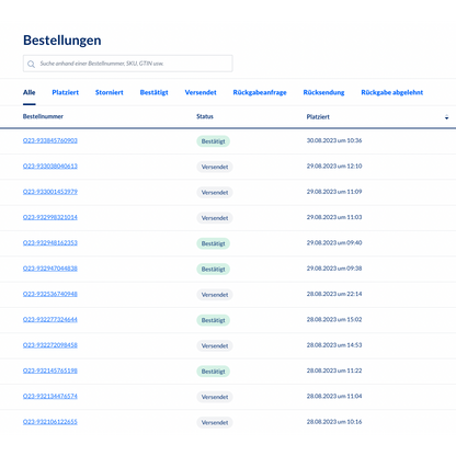 O captură de ecran a sistemului de gestionare a comenzilor din backend Altruan MetroSync: Metro Market către procesarea comenzilor Weclapp, care afișează un tabel cu numerele comenzilor și actualizările de stare. Fiecare rând conține numărul comenzii, starea, SKU, data și ora creării. Cele mai multe stări arată