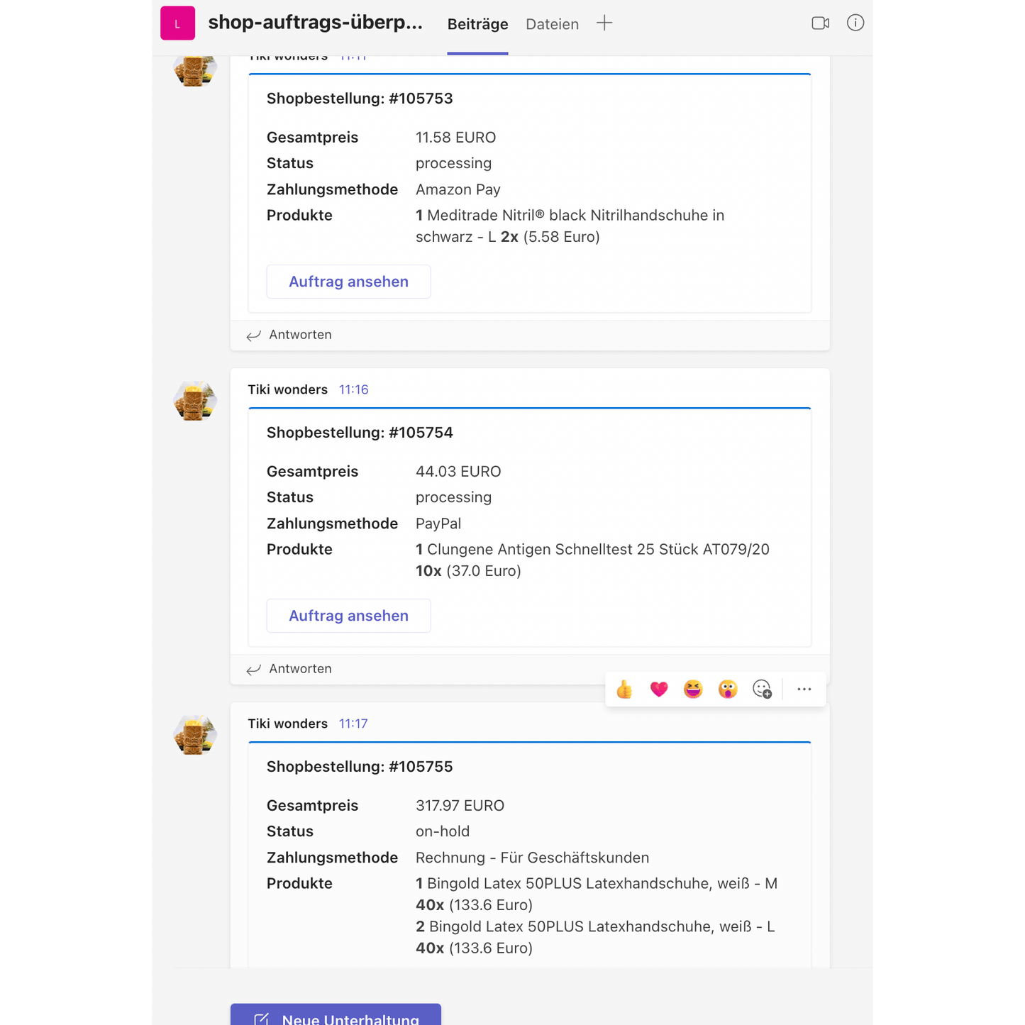 Captură de ecran a unei platforme de social media care afișează un fir de discuție despre comenzile din magazin cu TeamsAlert/SlackAlert de la Altruan. Mai mulți utilizatori publică detalii despre comenzi, inclusiv descrieri de produse, cantități și prețuri.